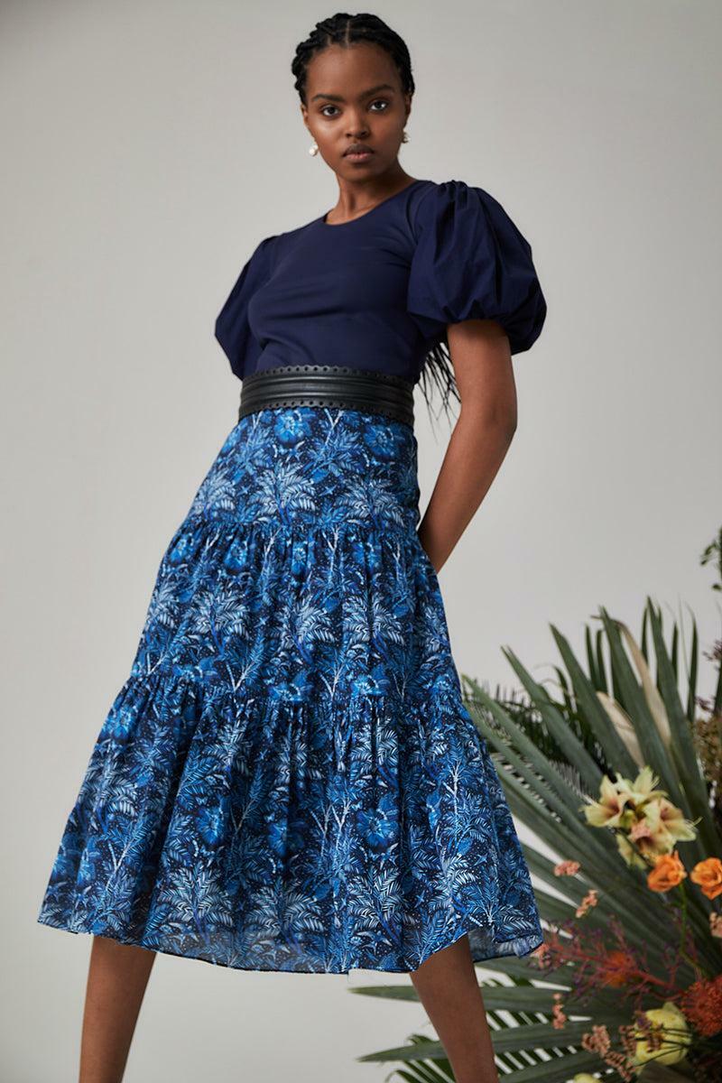 Tiered Midi Skirt - Navy Desert Oasis