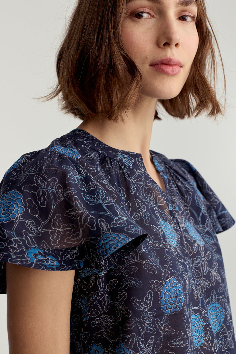 Fleur Sleeve Blouse Navy Floral Batik Voile