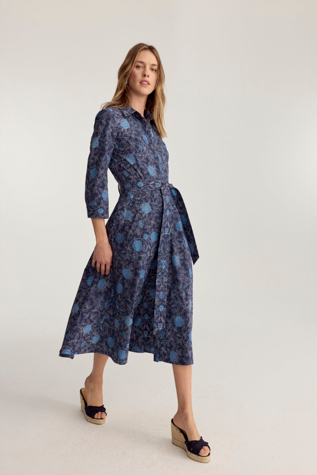 Hepburn Dress Navy Floral Batik Poplin