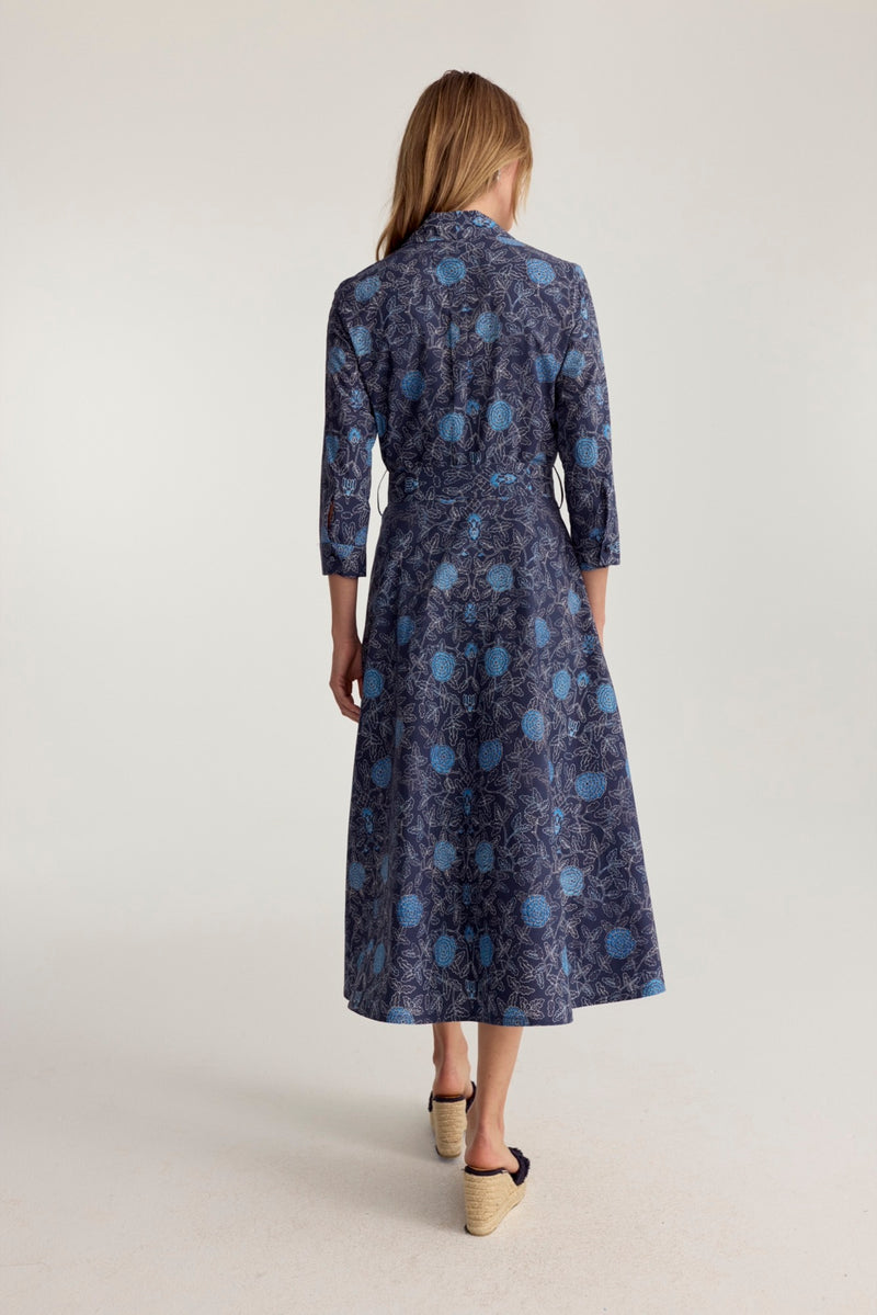 Hepburn Dress Navy Floral Batik Poplin