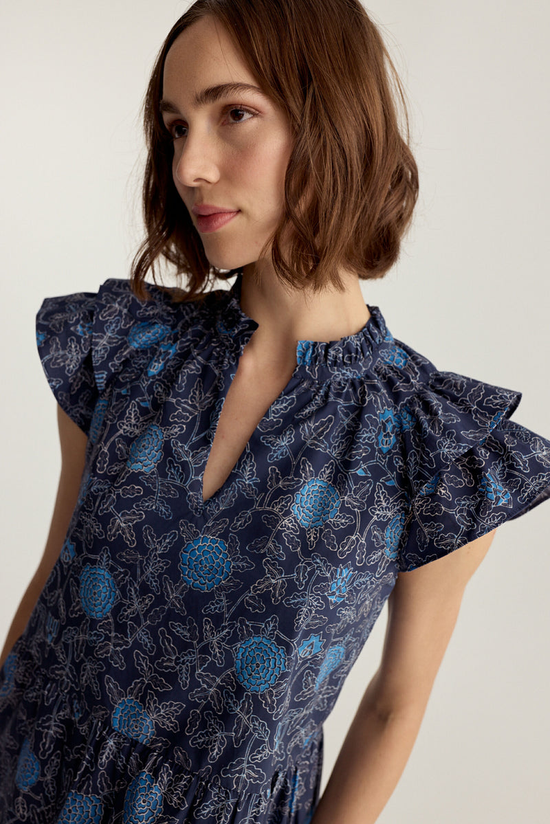 Ibiza Dress Navy Floral Batik Poplin