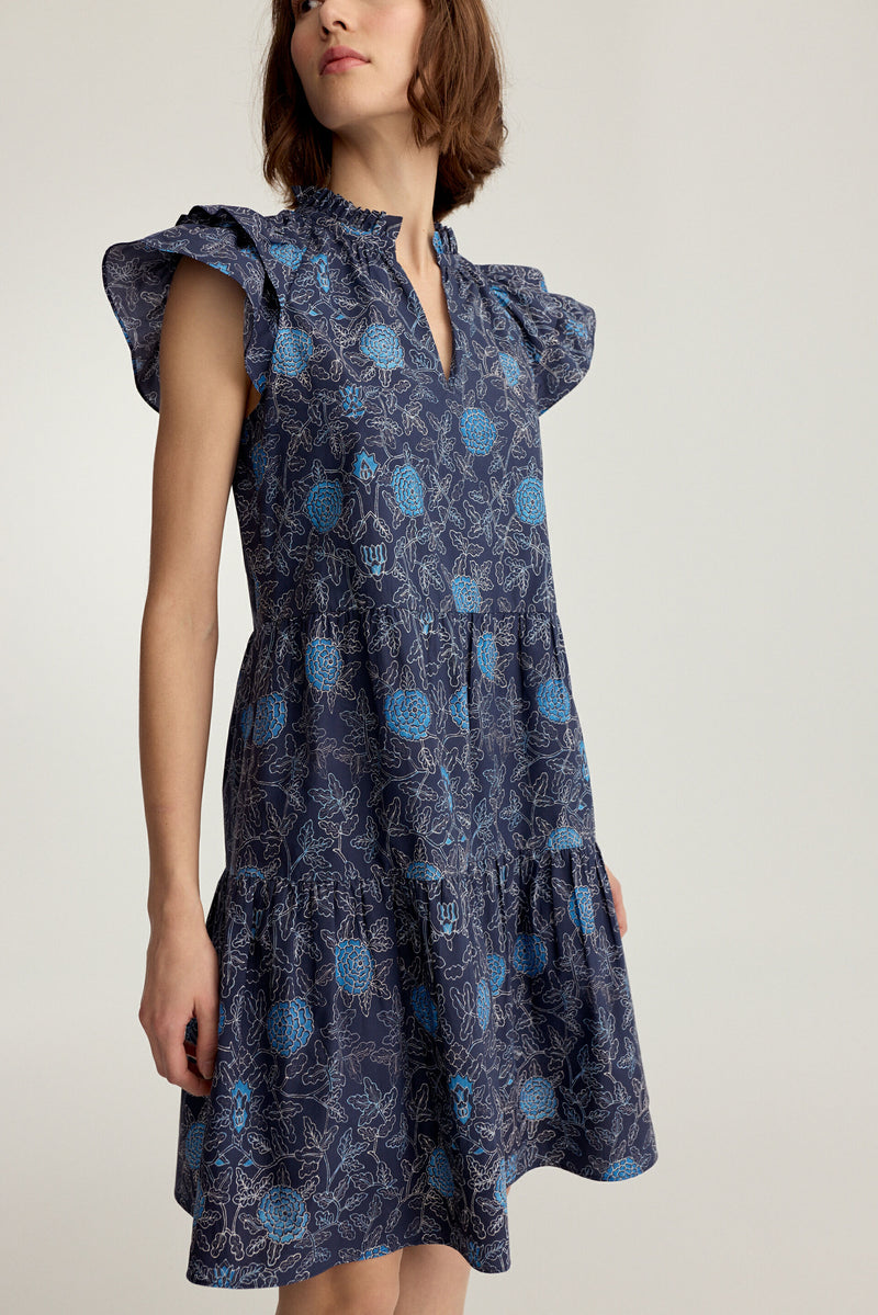 Ibiza Dress Navy Floral Batik Poplin