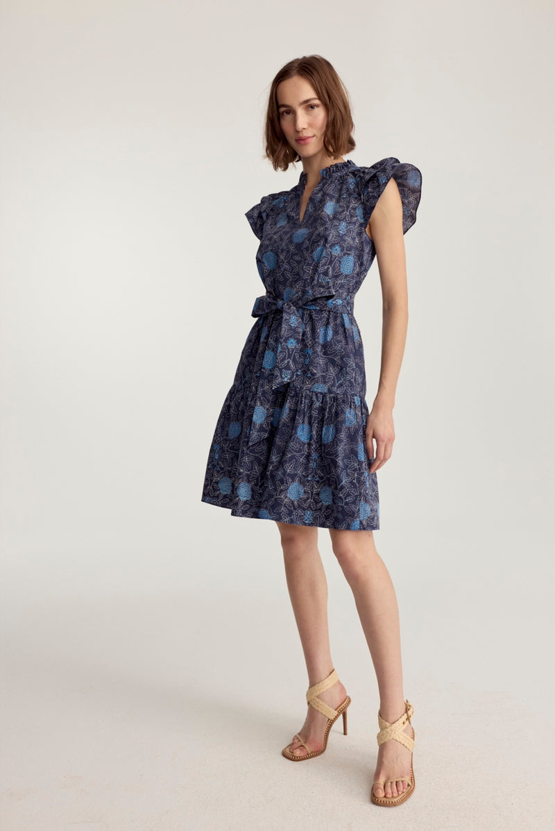 Ibiza Dress Navy Floral Batik Poplin