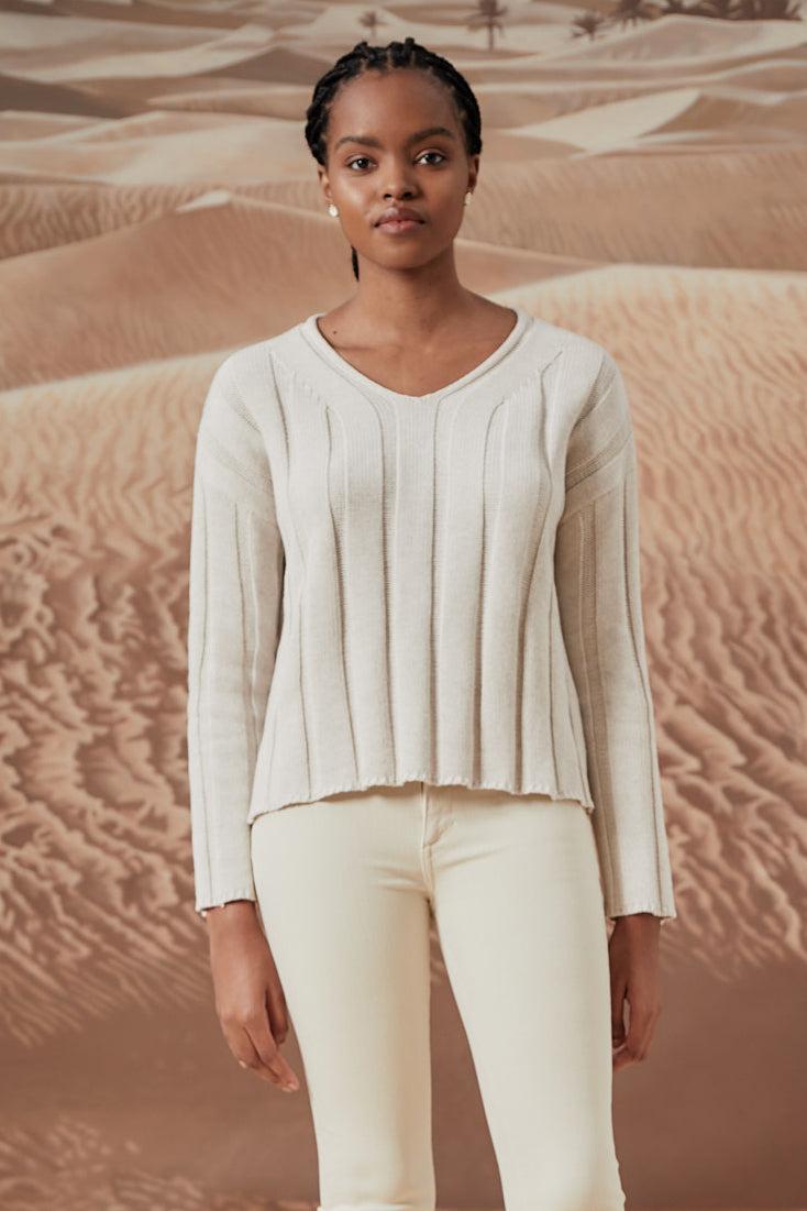 Wide Rib V Neck Sweater - Champagne