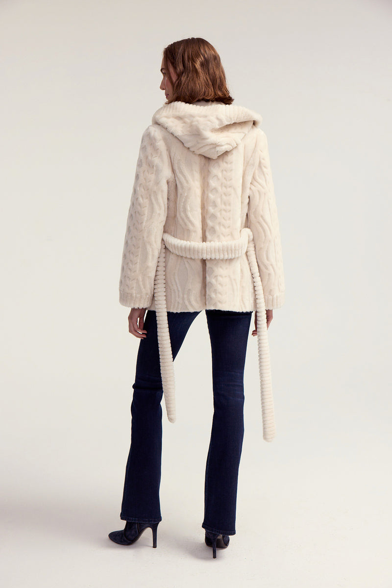 Grooved Shearling Jacket w/ Hood  - Ivory