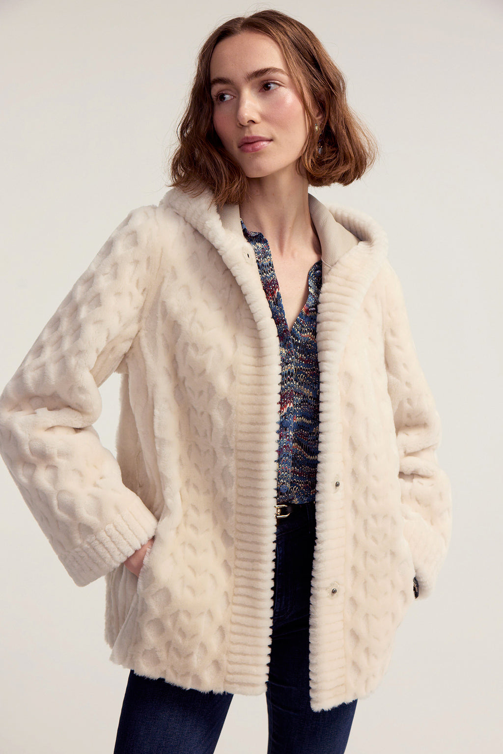 Grooved Shearling Jacket w/ Hood  - Ivory