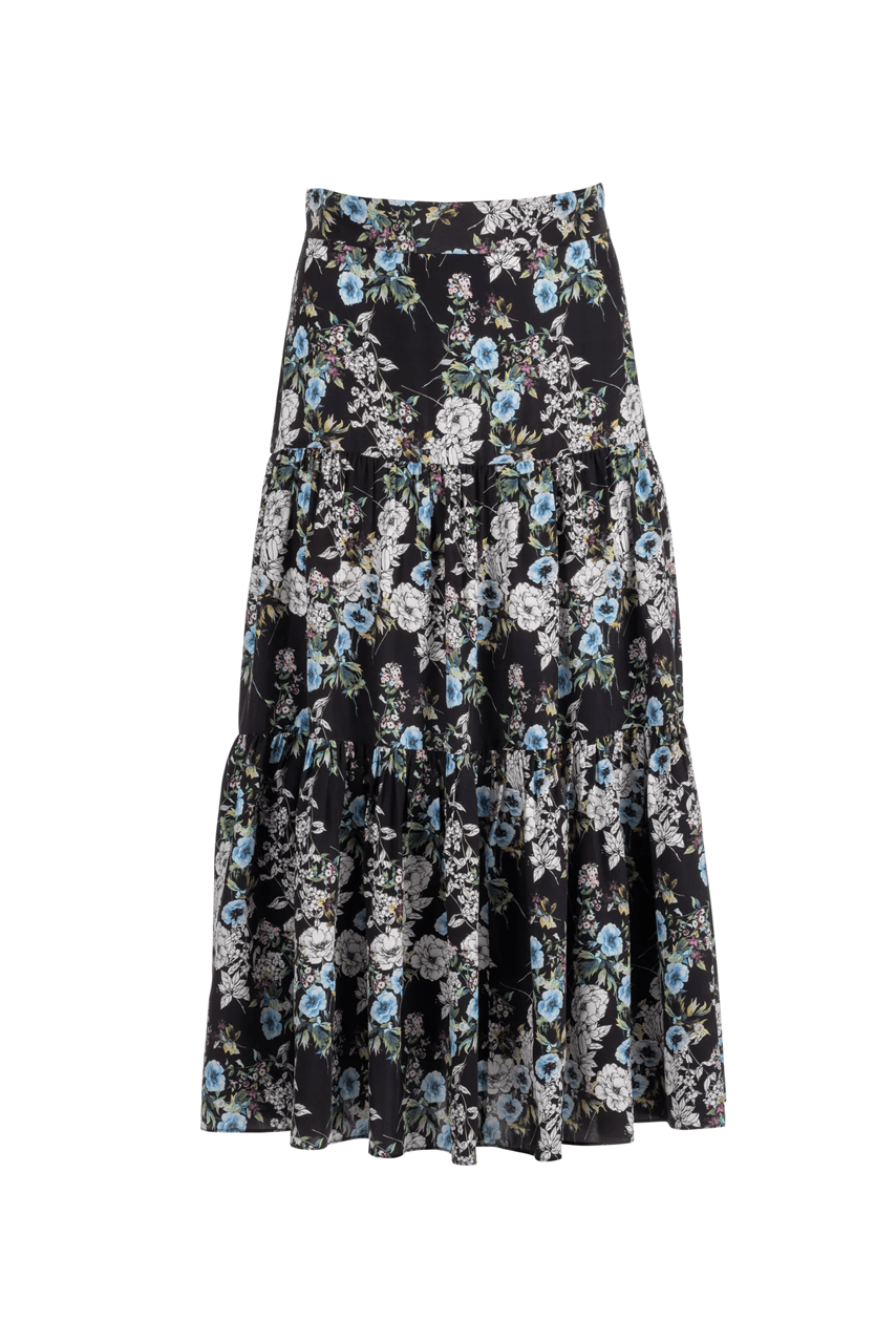 Tiered Midi Skirt - Black Winter Blossom