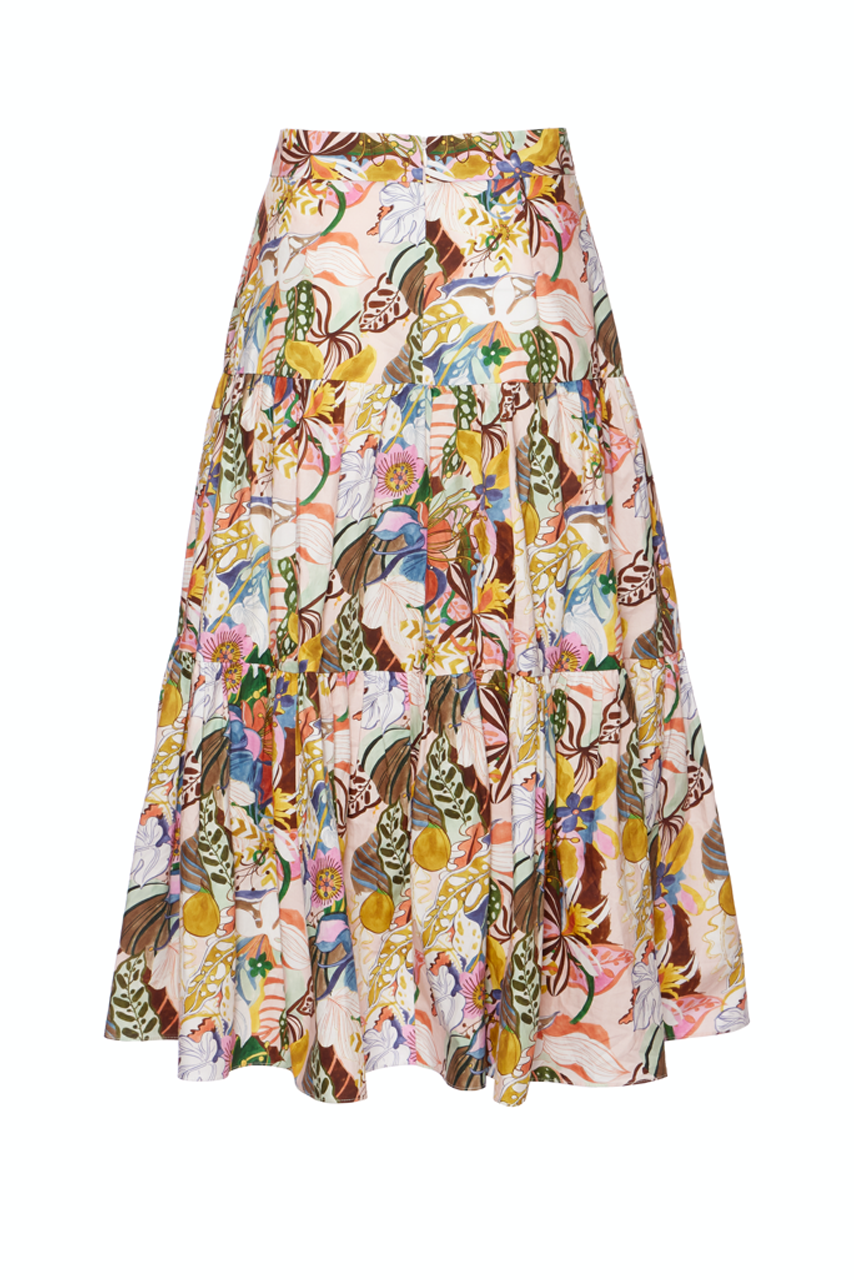 Tiered Midi Skirt - Rainbow Groovy Blooms