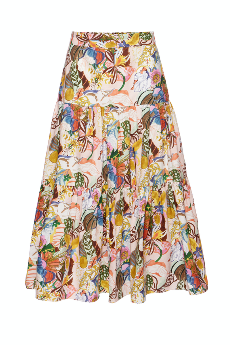 Tiered Midi Skirt - Rainbow Groovy Blooms