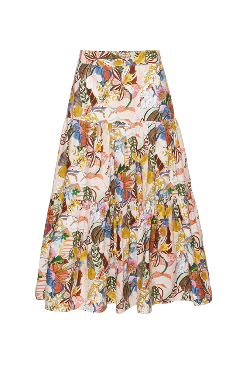 Tiered Midi Skirt - Rainbow Groovy Blooms