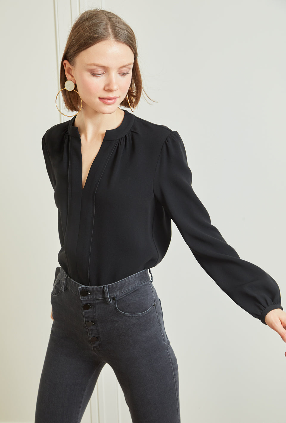 Long Sleeve Gathered Blouse - Black