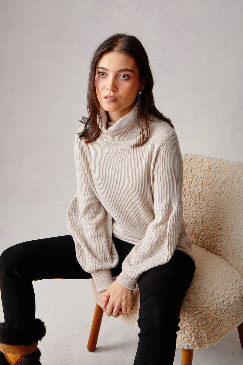 Bulb Sleeve Turtleneck - Beige